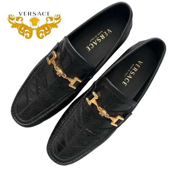 Versace Other - NEW VERSACE MENS LEATHER EMBOSSED DRIVING LOAFER GOLD MEDUSA DETAIL